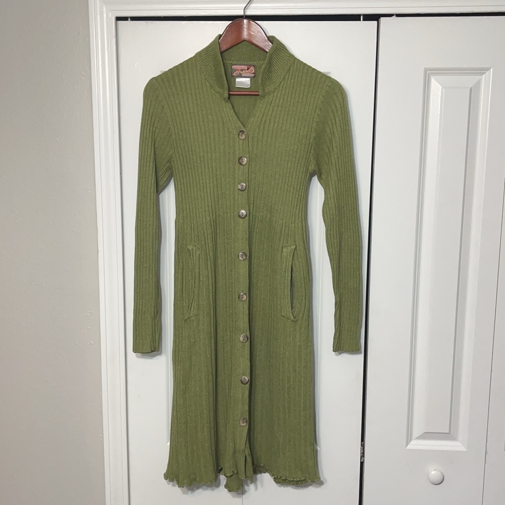 April Cornell Cardigan Sweater Womens Small Green Rib Knit Long Button Duster
